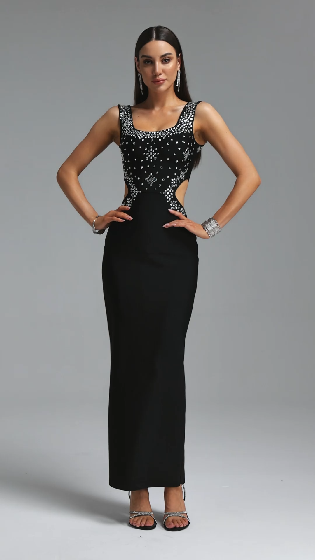Steffi Luxurious Contour Wide Strap Gradient Square Rhinestone Bandage Maxi Dress