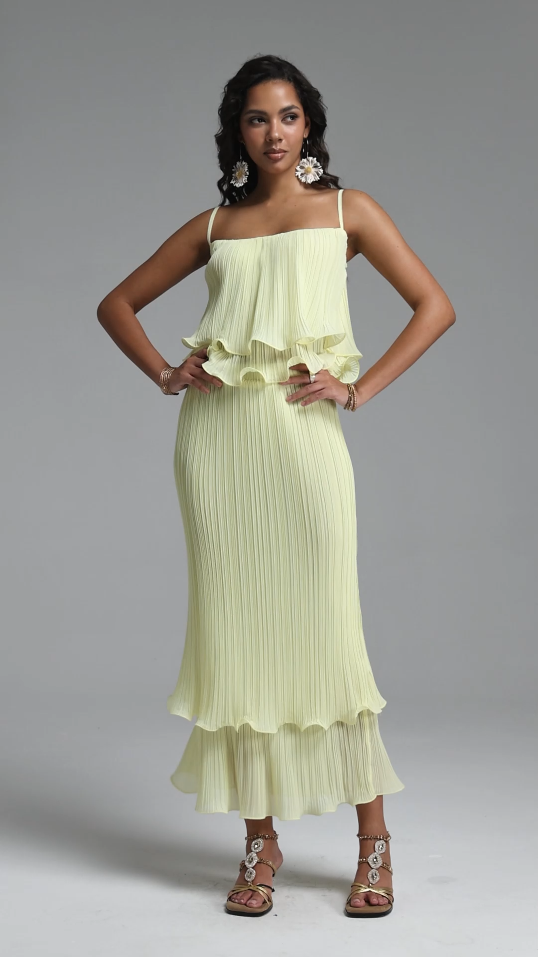 Maris Resort Contour Spaghetti Strap Ruffle Pleated Woven Top and Skirt Two Piece Set