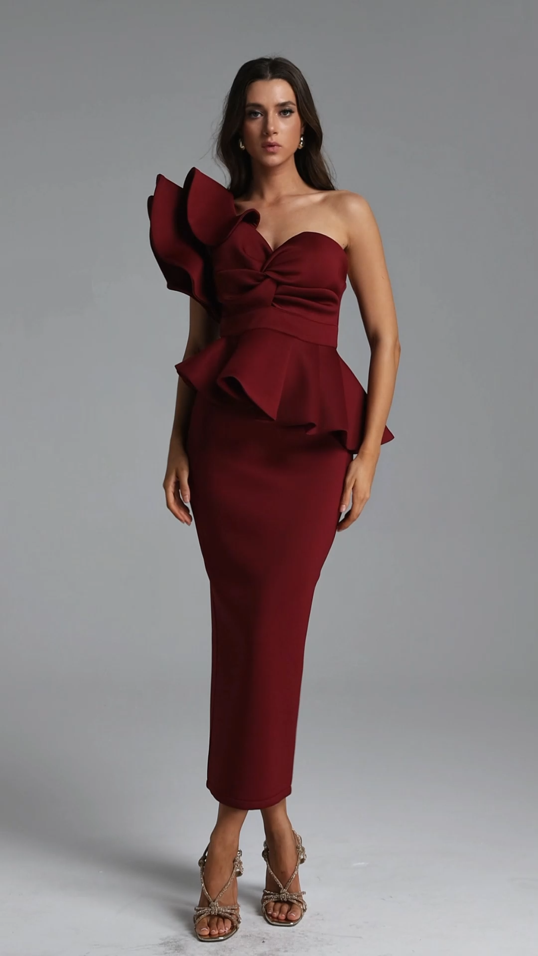 Luysa One Shoulder Asymmetry Red Midi Set