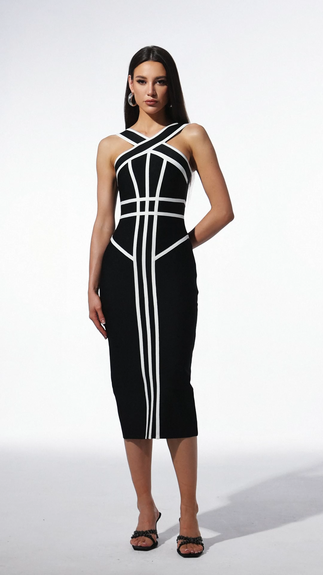 Serren Halter Sleeveless Stripes Bandage Maxi Dress