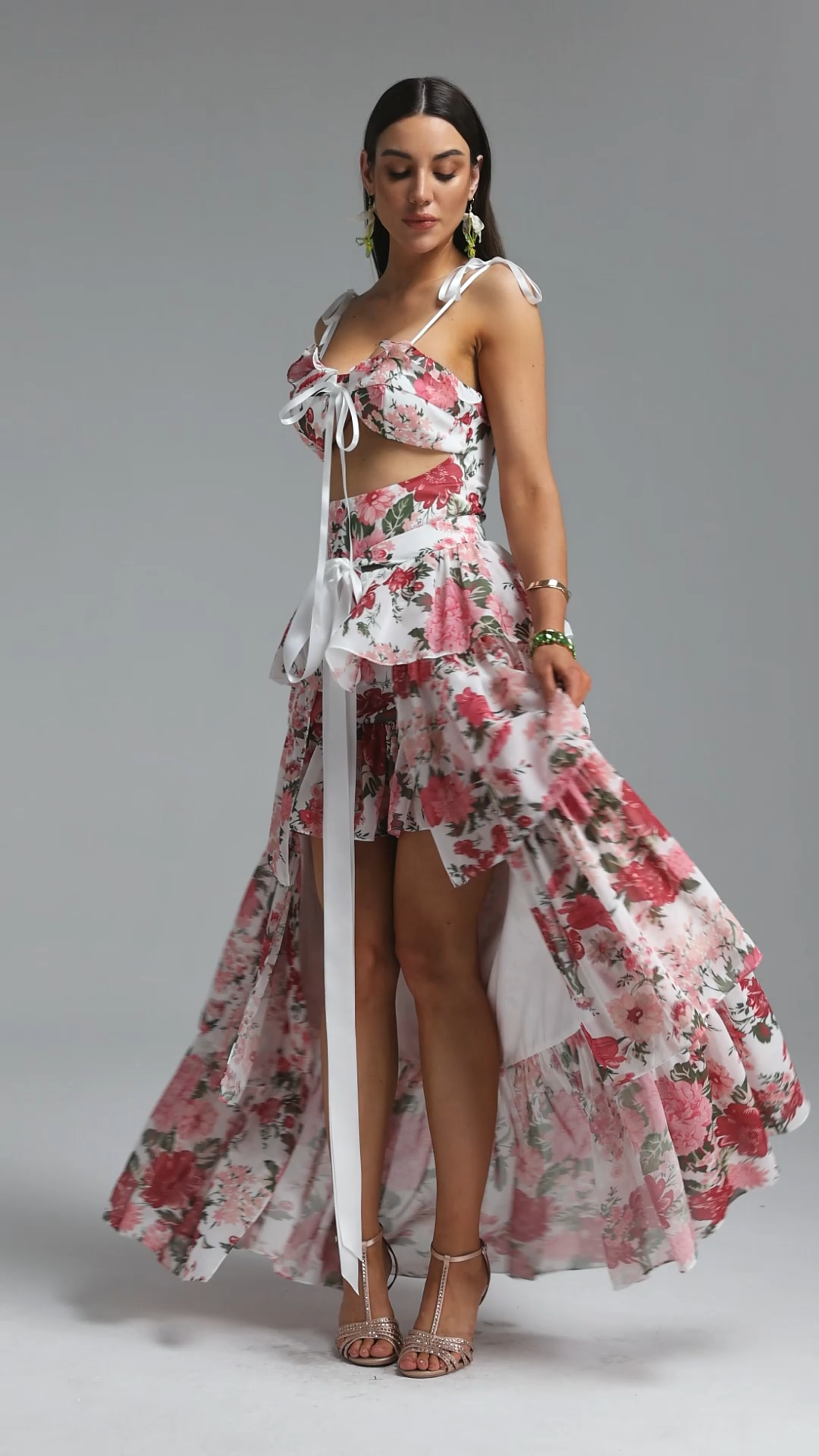 Pale Chic Flowy Halter Cut Out Floral Print Ruffle Pink Maxi Dress