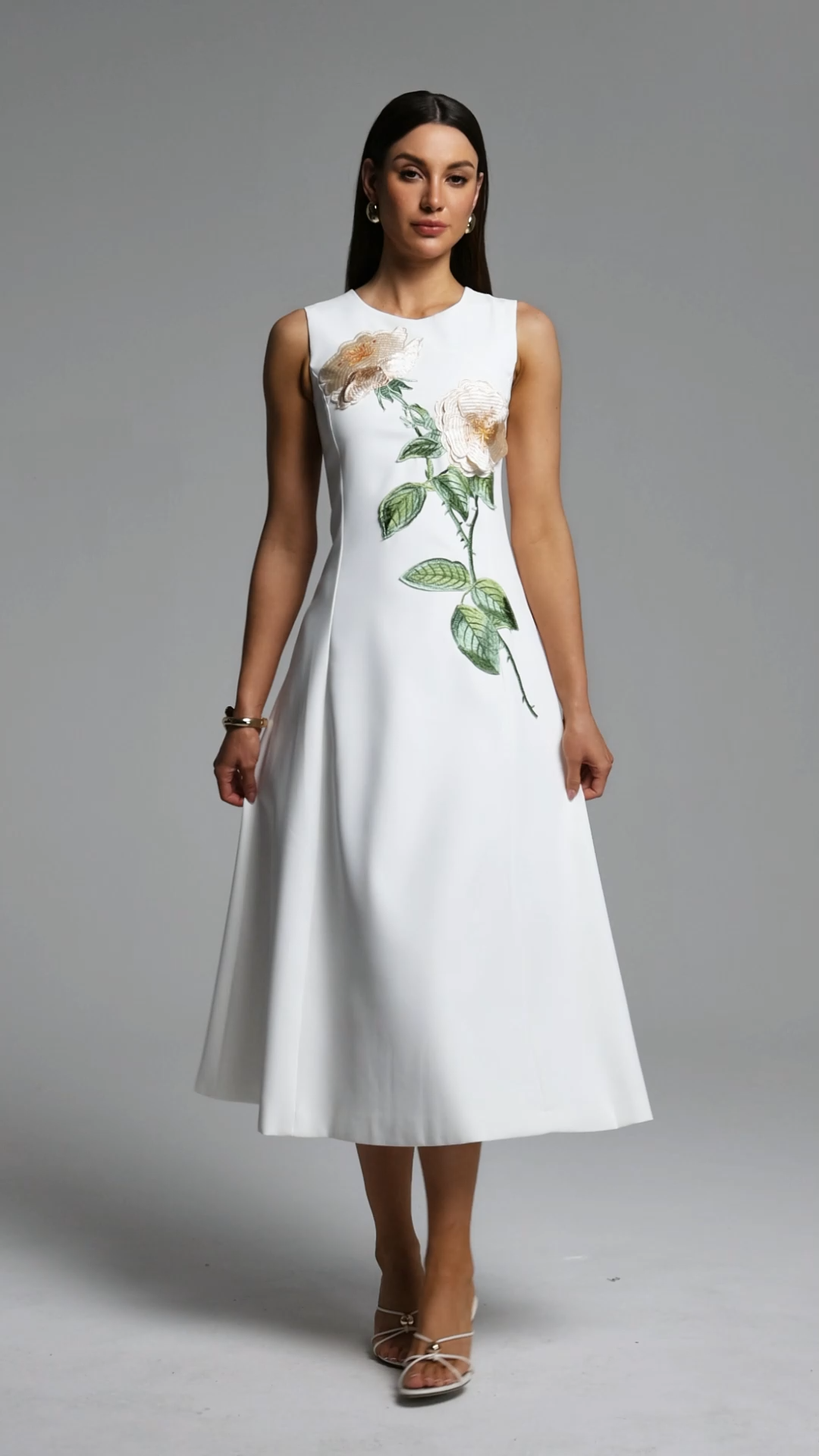 Romia Elegant Tailored Sleeveless Floral Embroidered White Maxi Dress