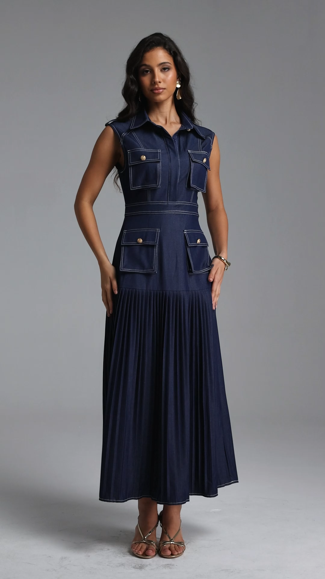 Jouy Elegant Tailored Sleeveless Pleated Maxi Dress