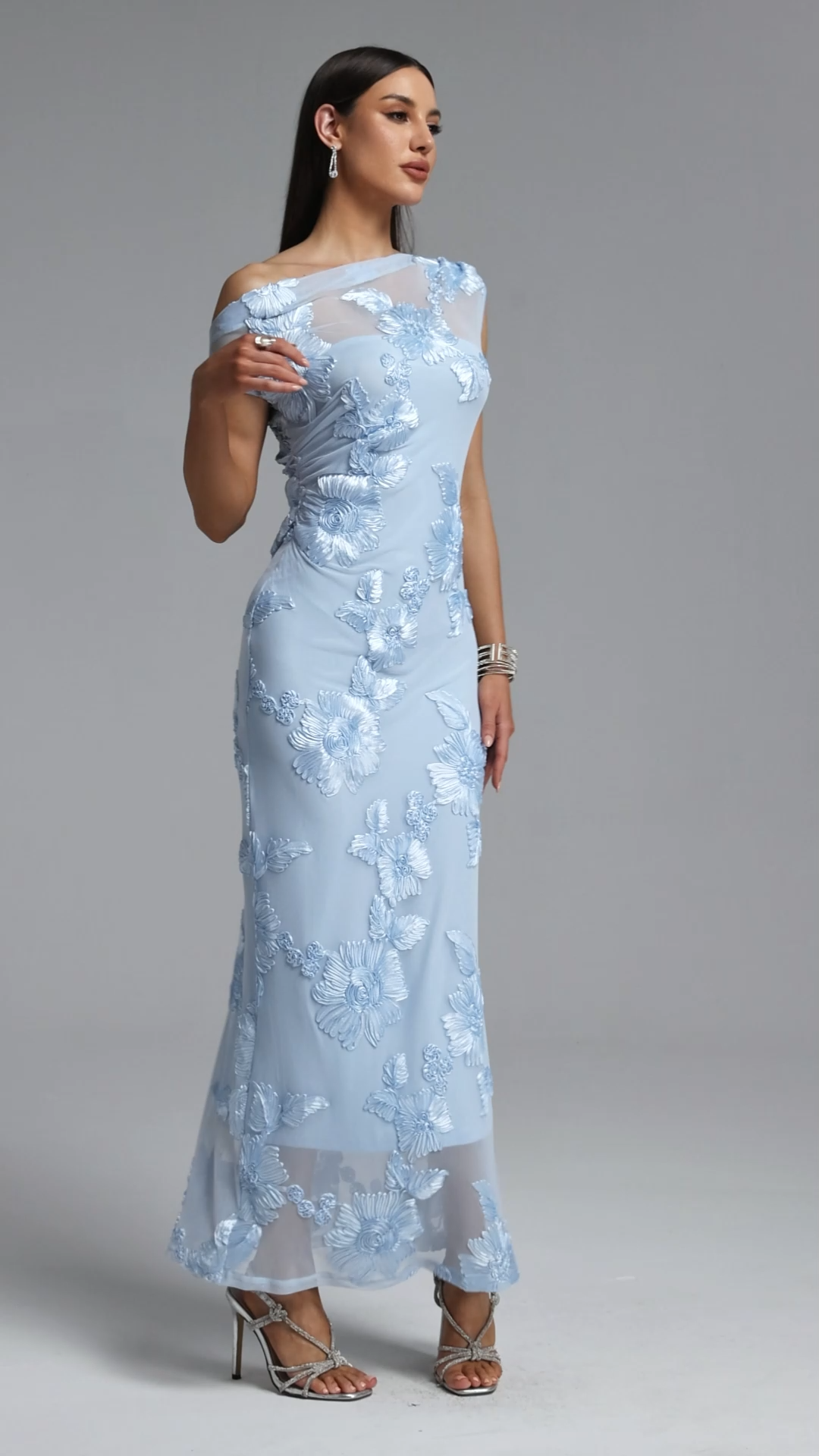 Lucretia Elegant Contour Off Shoulder Asymmetric Floral Lace Maxi Dress