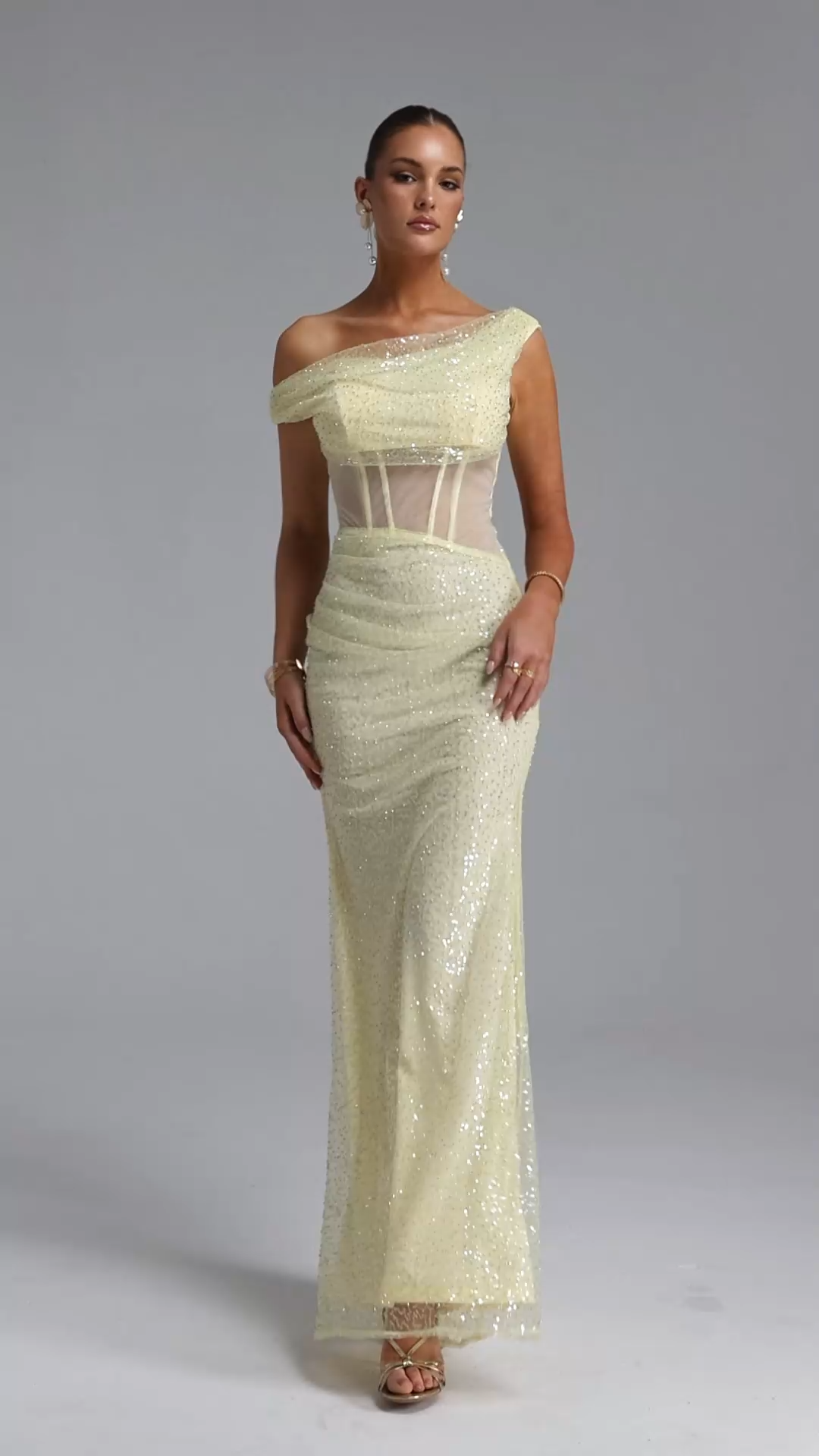 Selene Elegant Contour Off Shoulder Sheer Crystal Maxi Dress