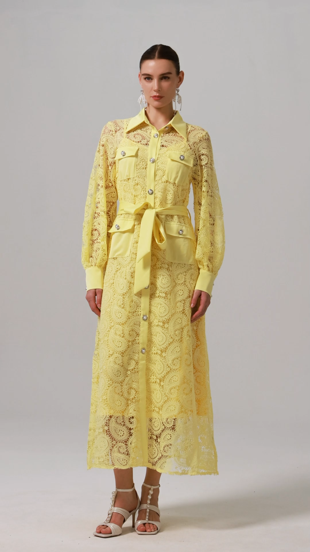 Liaci Lapel Long Sleeve Hollow Out Lace Maxi Dress