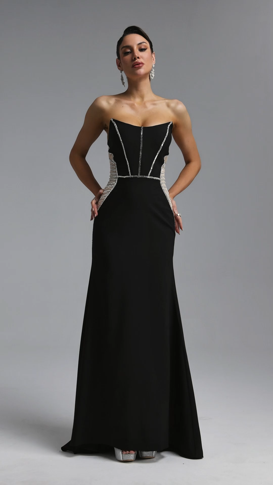 Talia Sexy Strapless Corset Silver Rhinestone Sheer Mesh Mermaid Maxi Dress