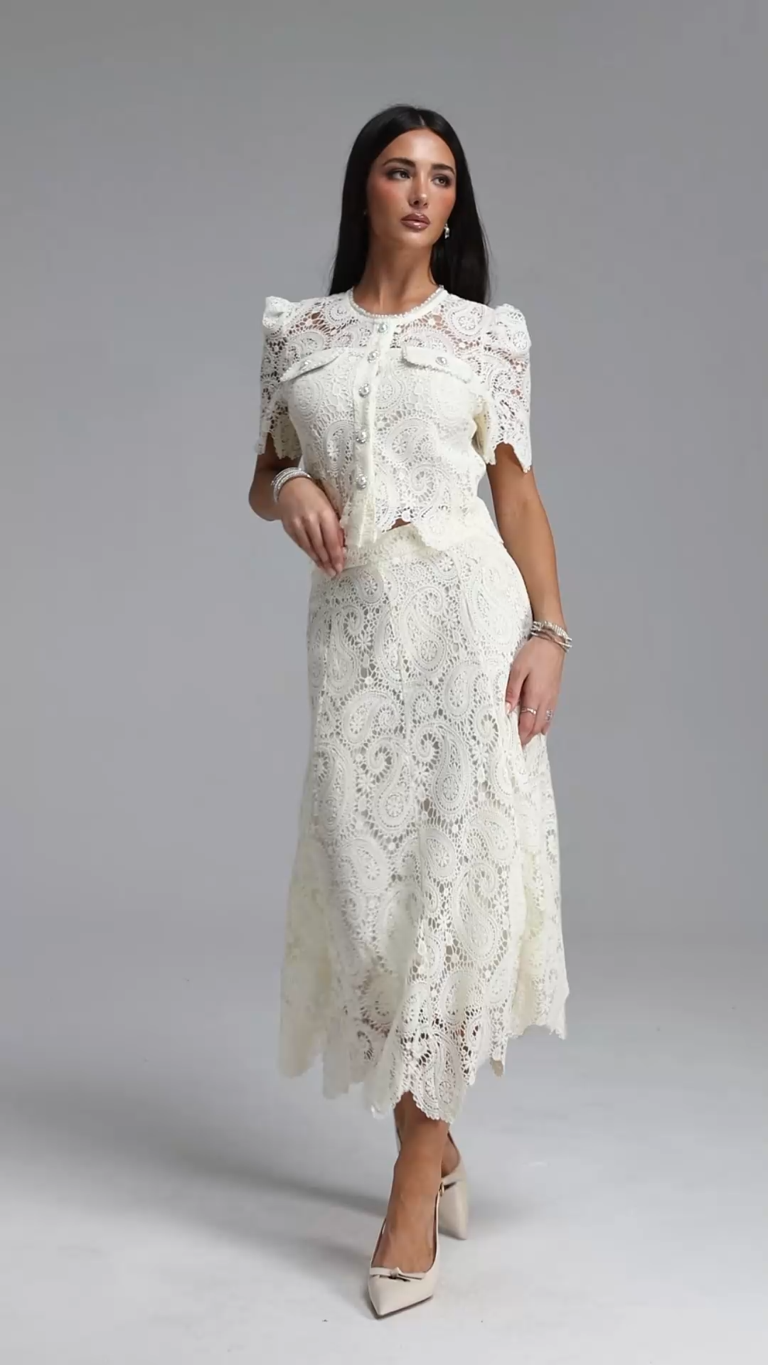 Erryn Elegant Tailored Short Sleeve Pearl Lace Top and Skirt Two Piece Set