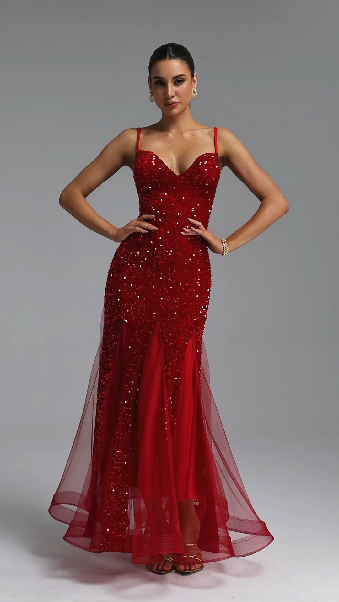 Paca Romantic Slim V-Neck Sequin Maxi Evening Dress