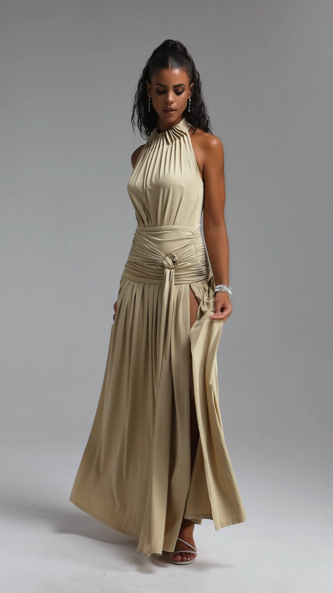 Jolie Elegant Halter Sleeveless Ruched Knot Maxi Dress