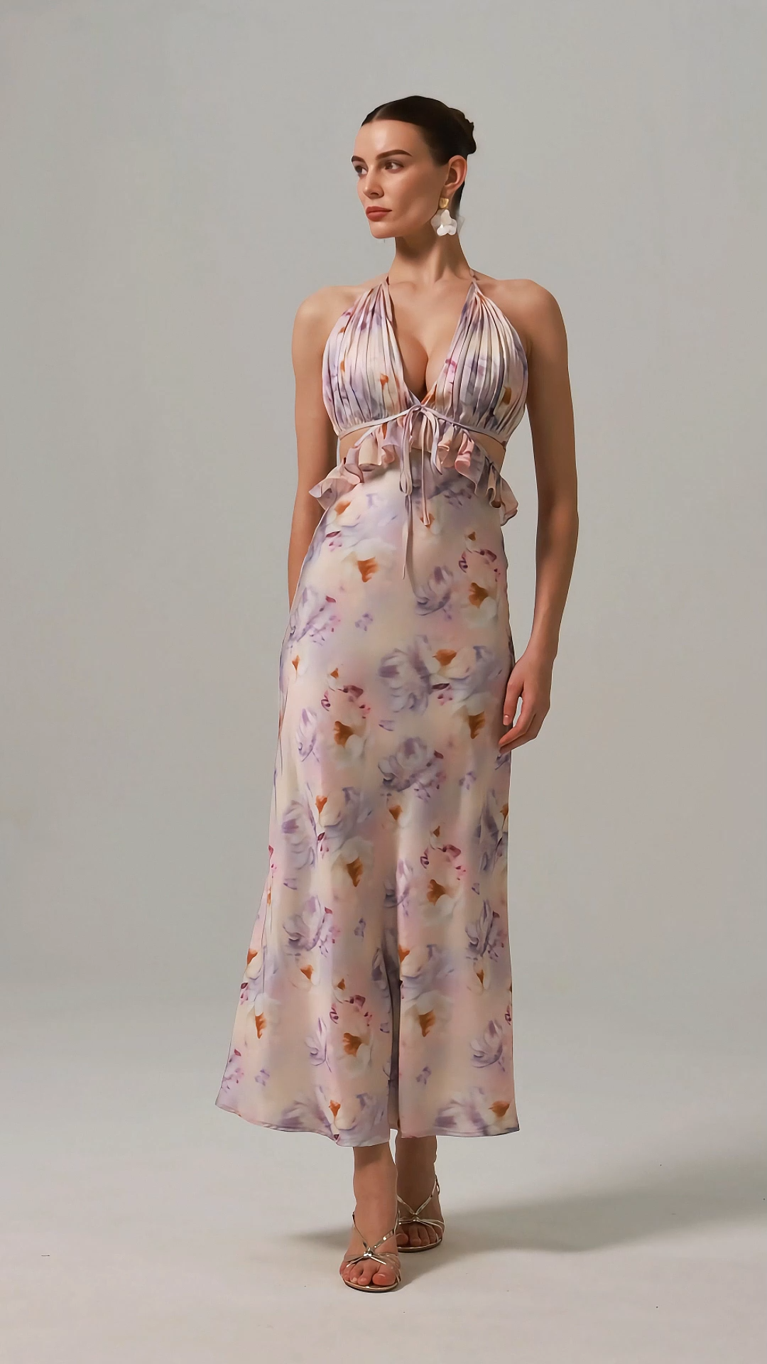 Deliyn Halter V-Neck Flounce Floral Printed Hollow Out Maxi Dress
