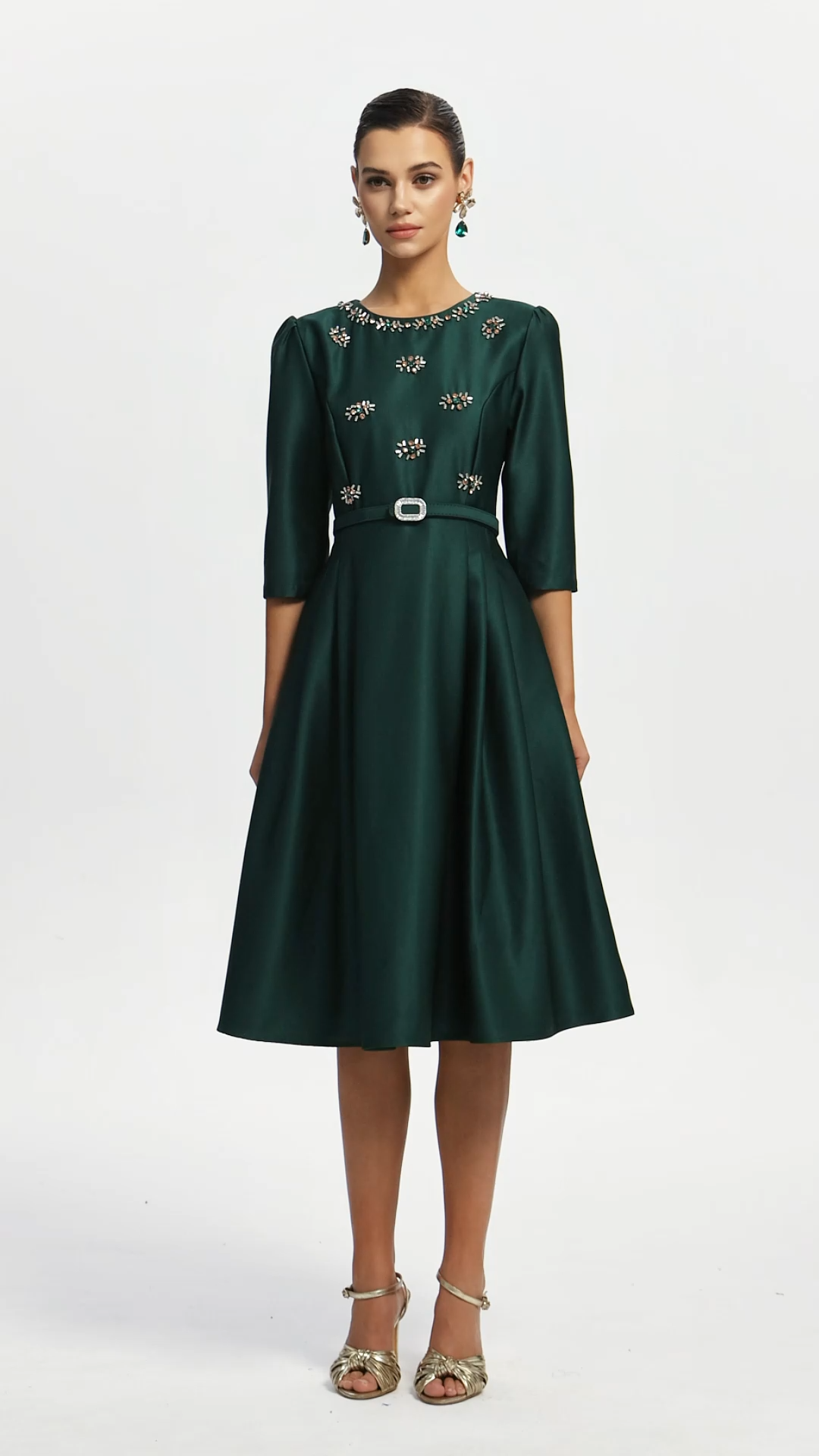 Unico Vintage Cinched Waist Round Neck Half Sleeve Rhinestone Woven Midi Dress