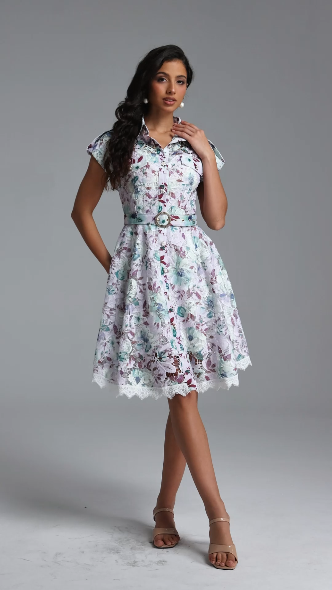 torill Resort Cinched Short Sleeve Floral Print Lace Mini Dress
