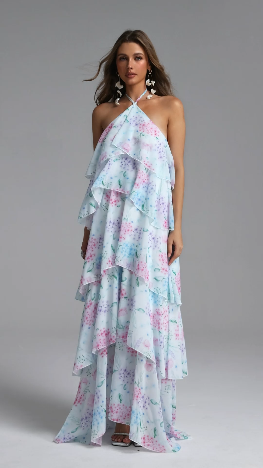 Fanya Resort Flowy Sleeveless Ruffle Floral Print Organza Maxi Dress