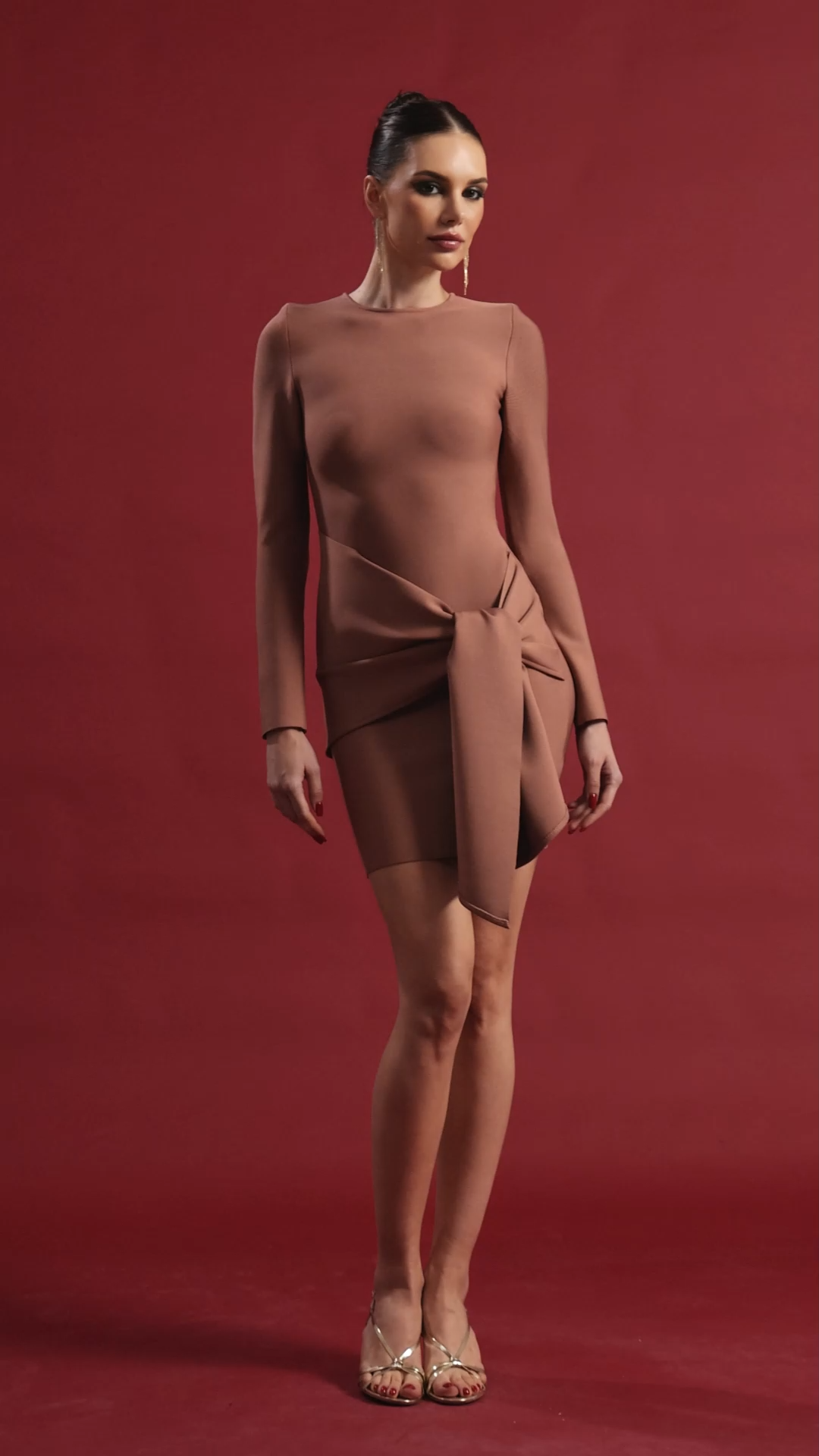 Habiba Chic Contour Long Sleeve Knot Brown Mini Dress