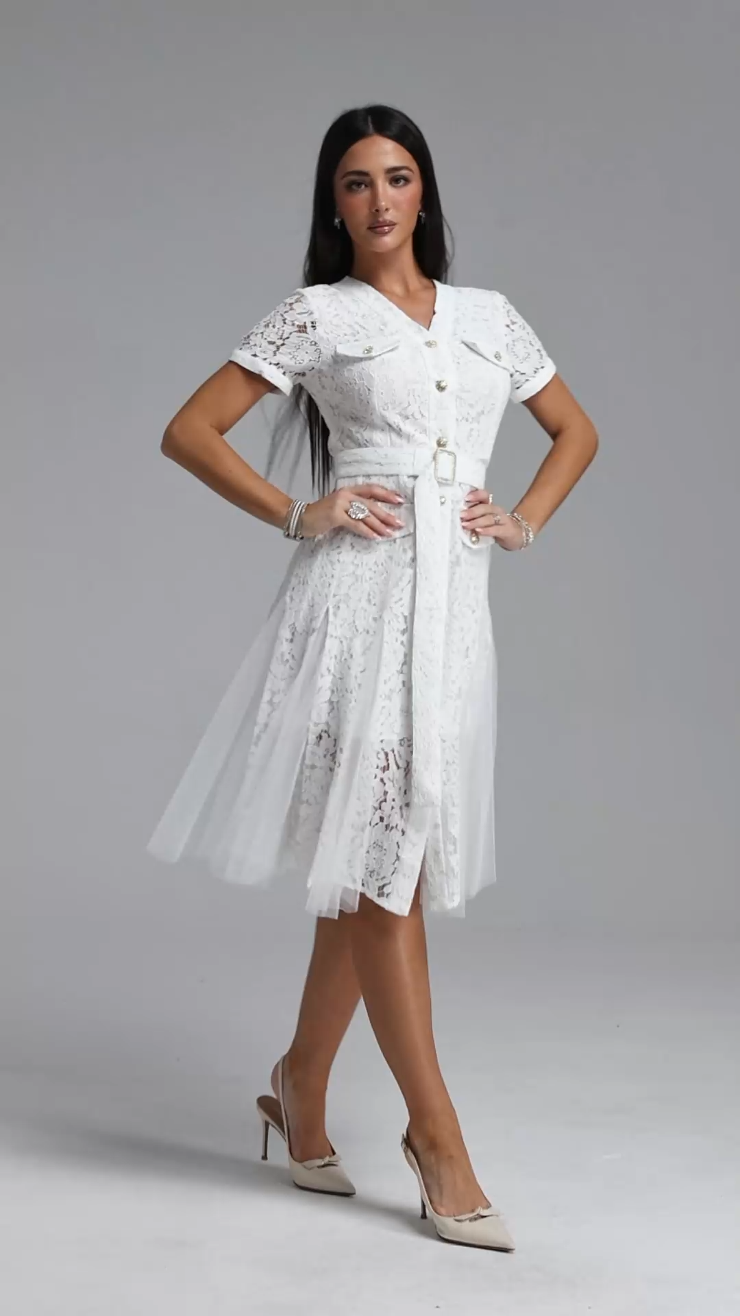 Kanma Elegant Tailored V Neck Short Sleeve Lace Midi Dress