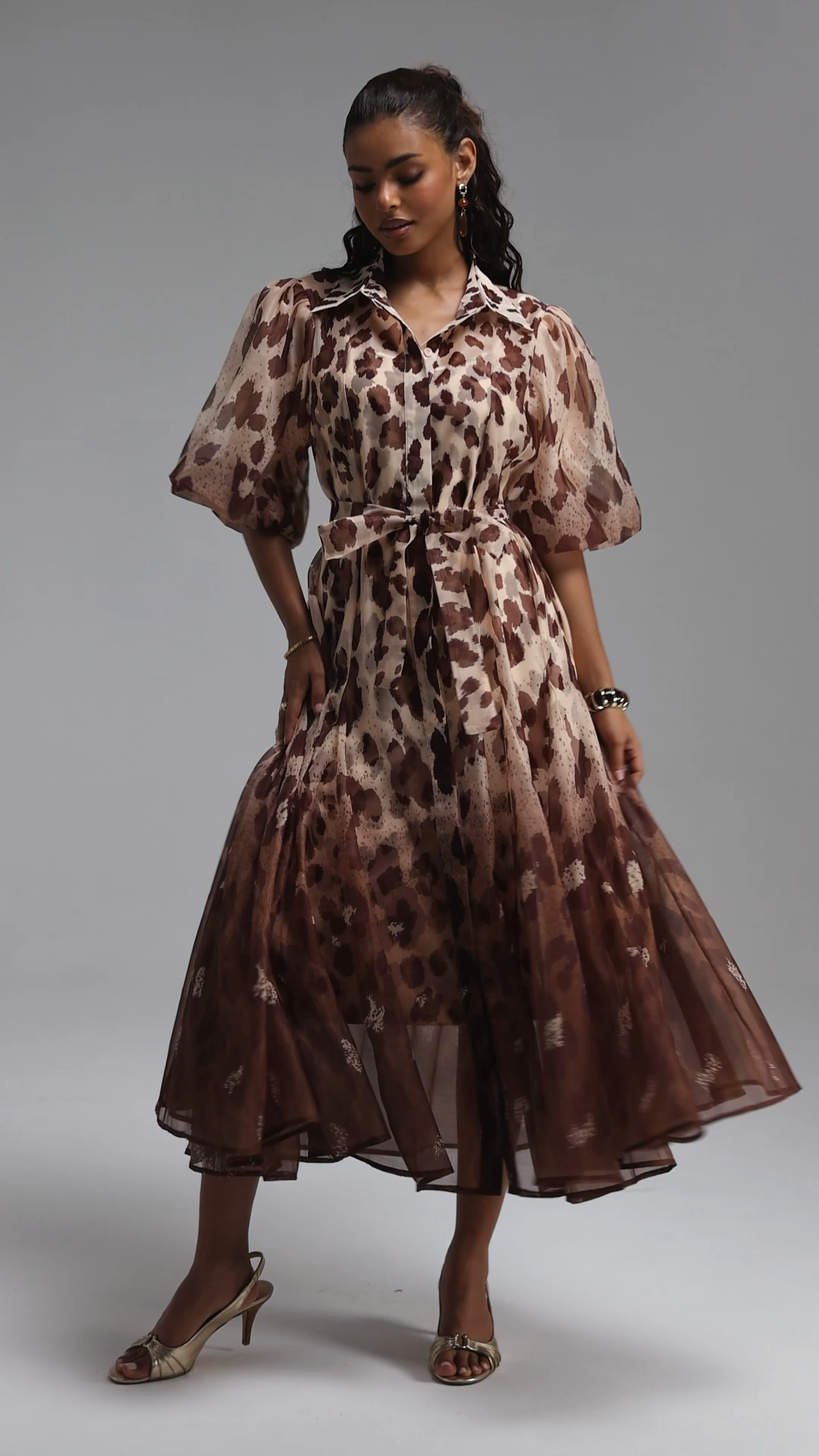 Tamarah Resort Flowy Puff Sleeve Leopard Print Woven Maxi Dress
