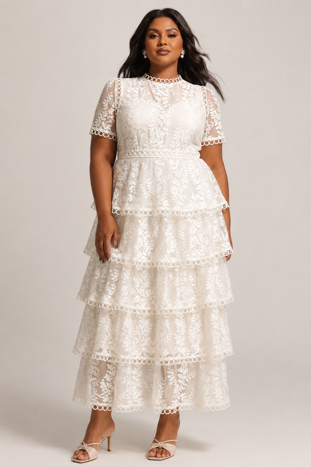 Yedda Resort Flowy Round Neck Short Sleeve Floral Embroidered Woven Maxi Dress