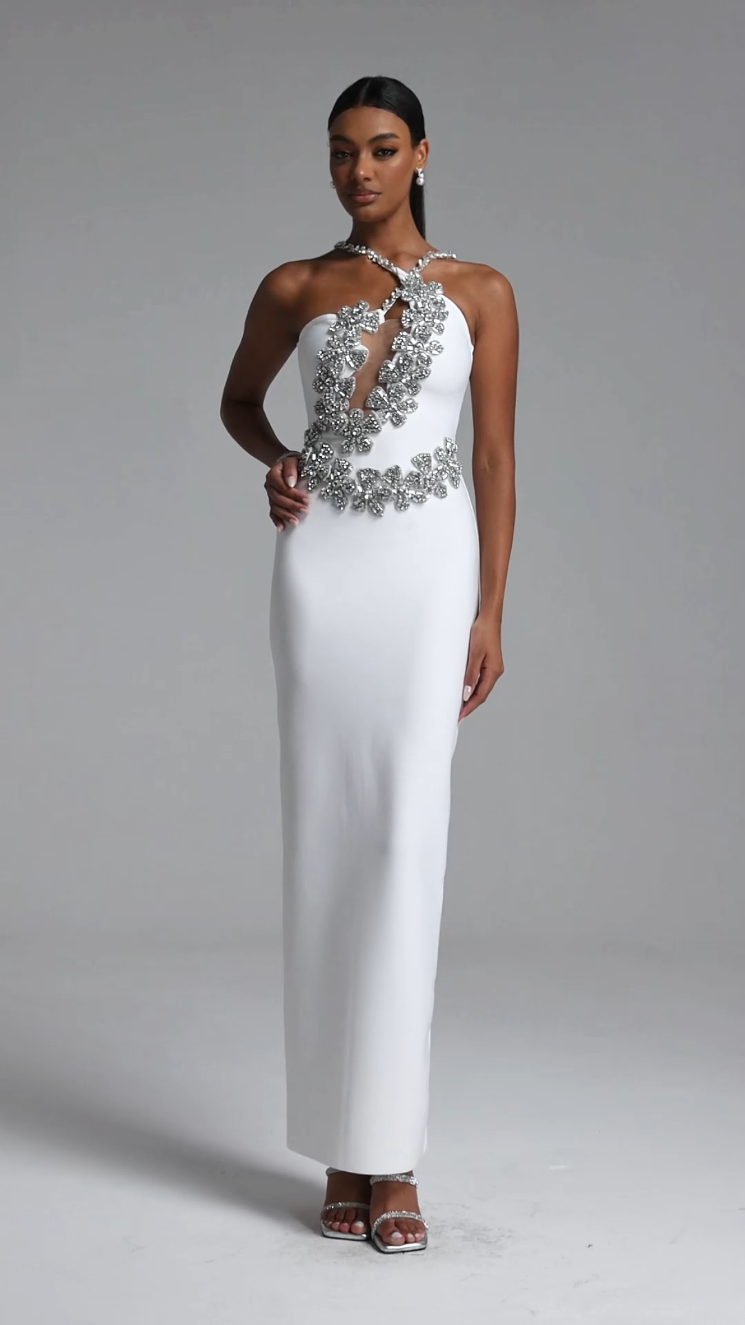 Veronic Glamorous Contour Halter Cut Out Rhinestone Floral Bandage Maxi Dress