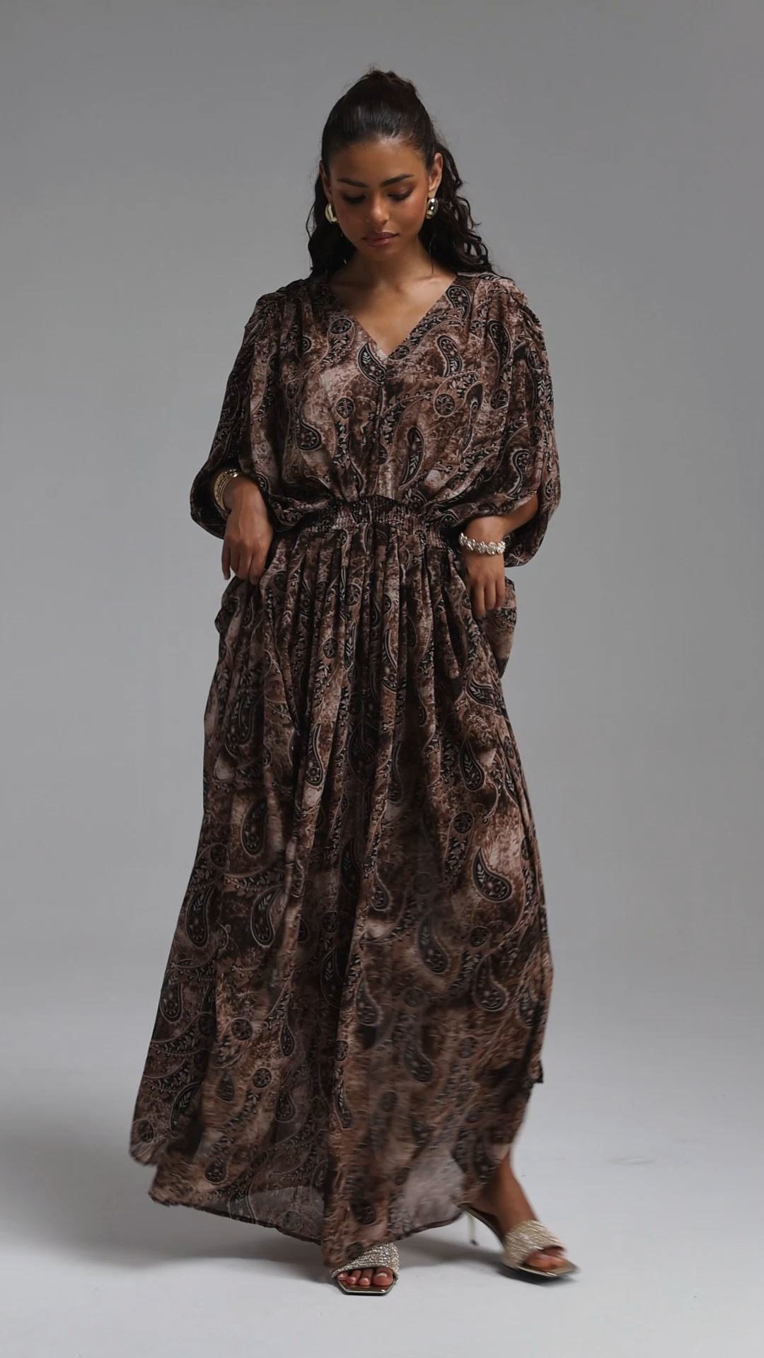 Zandra Romantic Flowy V Neck Paisley Print Chiffon Maxi Dress