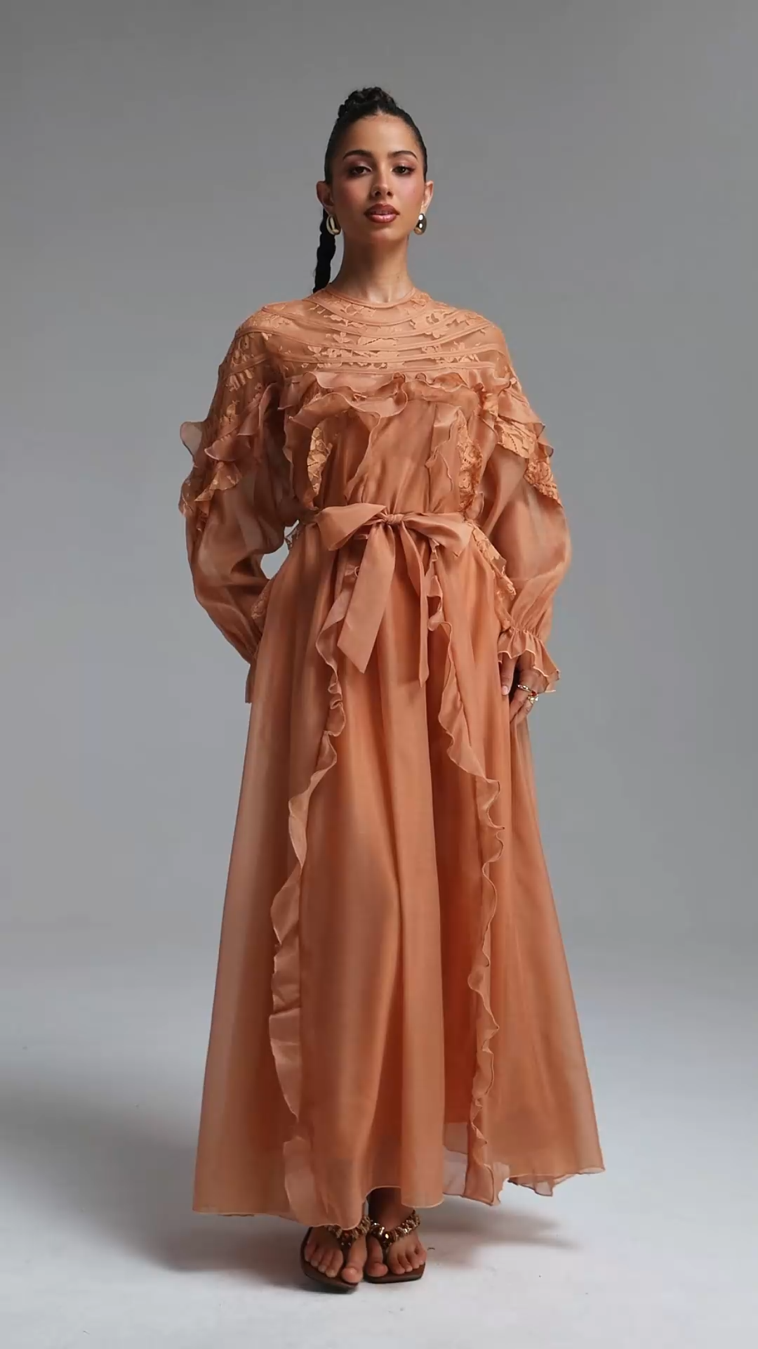 Sharlot Romantic Flowy Long Sleeve Ruffle Woven Maxi Dress
