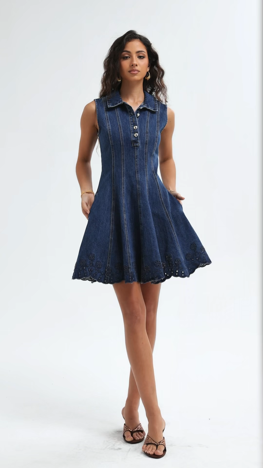 Monica Chic Tailored Sleeveless Floral A-Line Denim Mini Dress