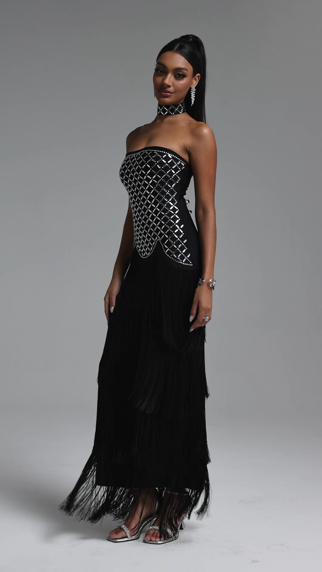 Hayden Glamorous Contour Strapless Rhinestone Fringe Bandage Maxi Dress