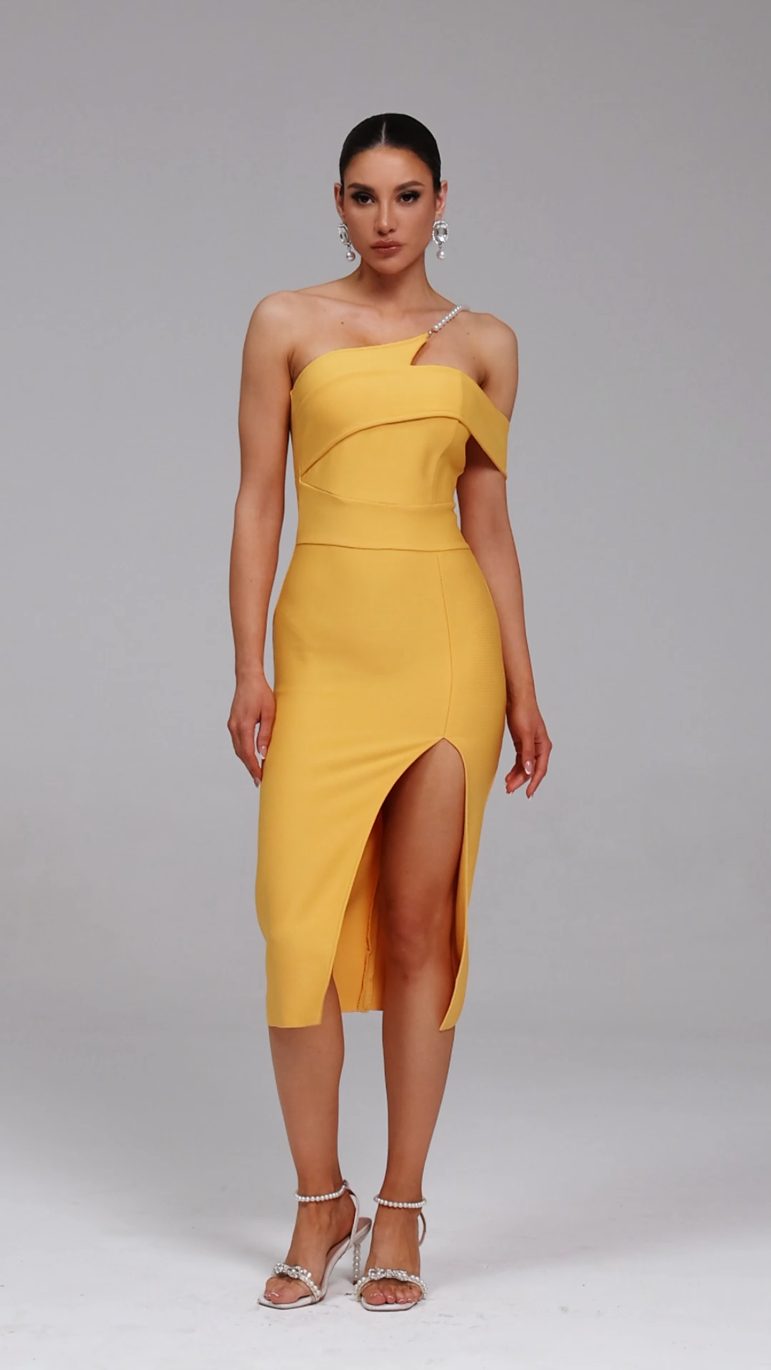 Falisa One Shoulder Pearl Slit Bandage Midi Dress