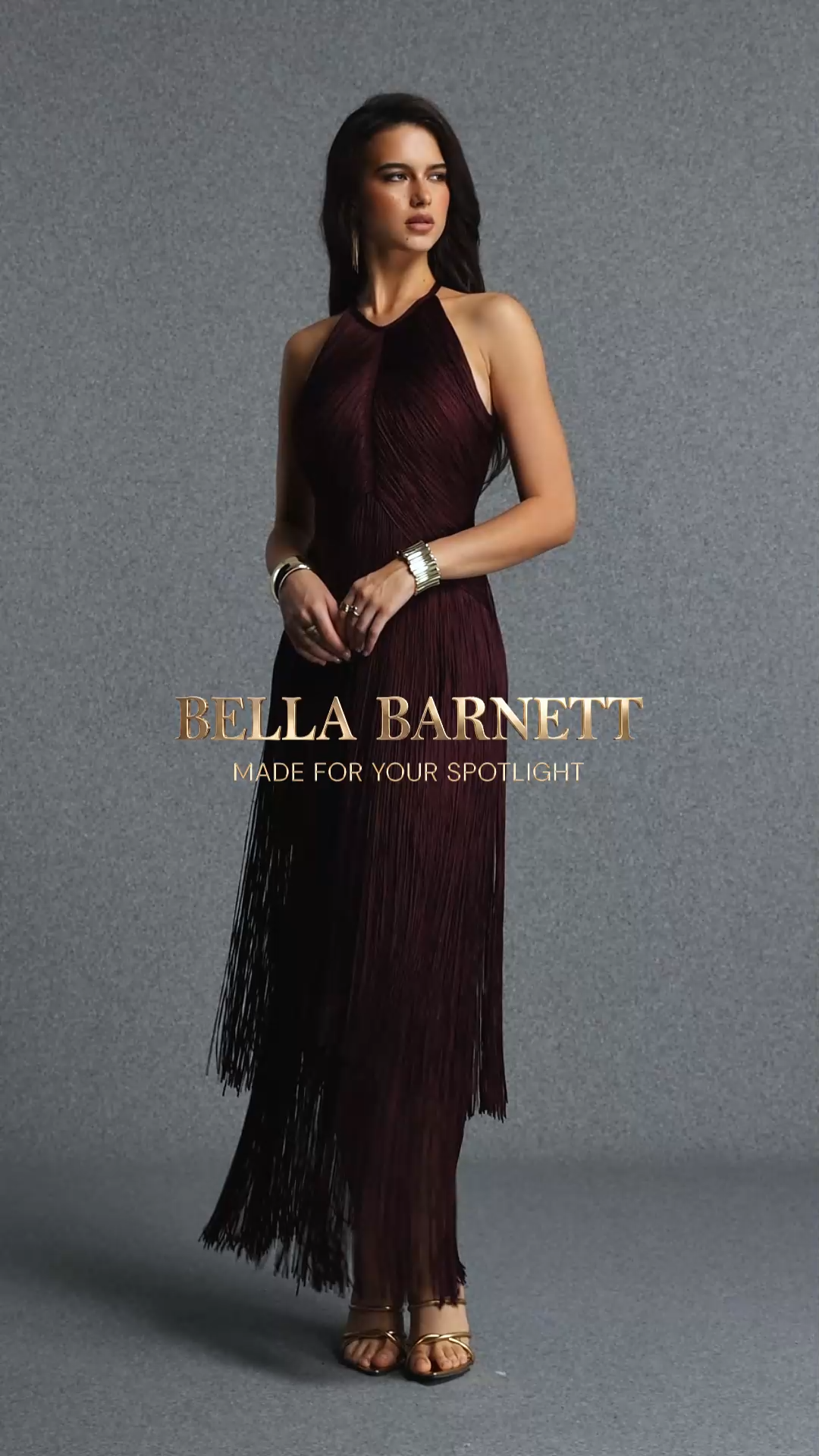 Taye Classic Contour Halter Fringe Bandage Claret Maxi Dress