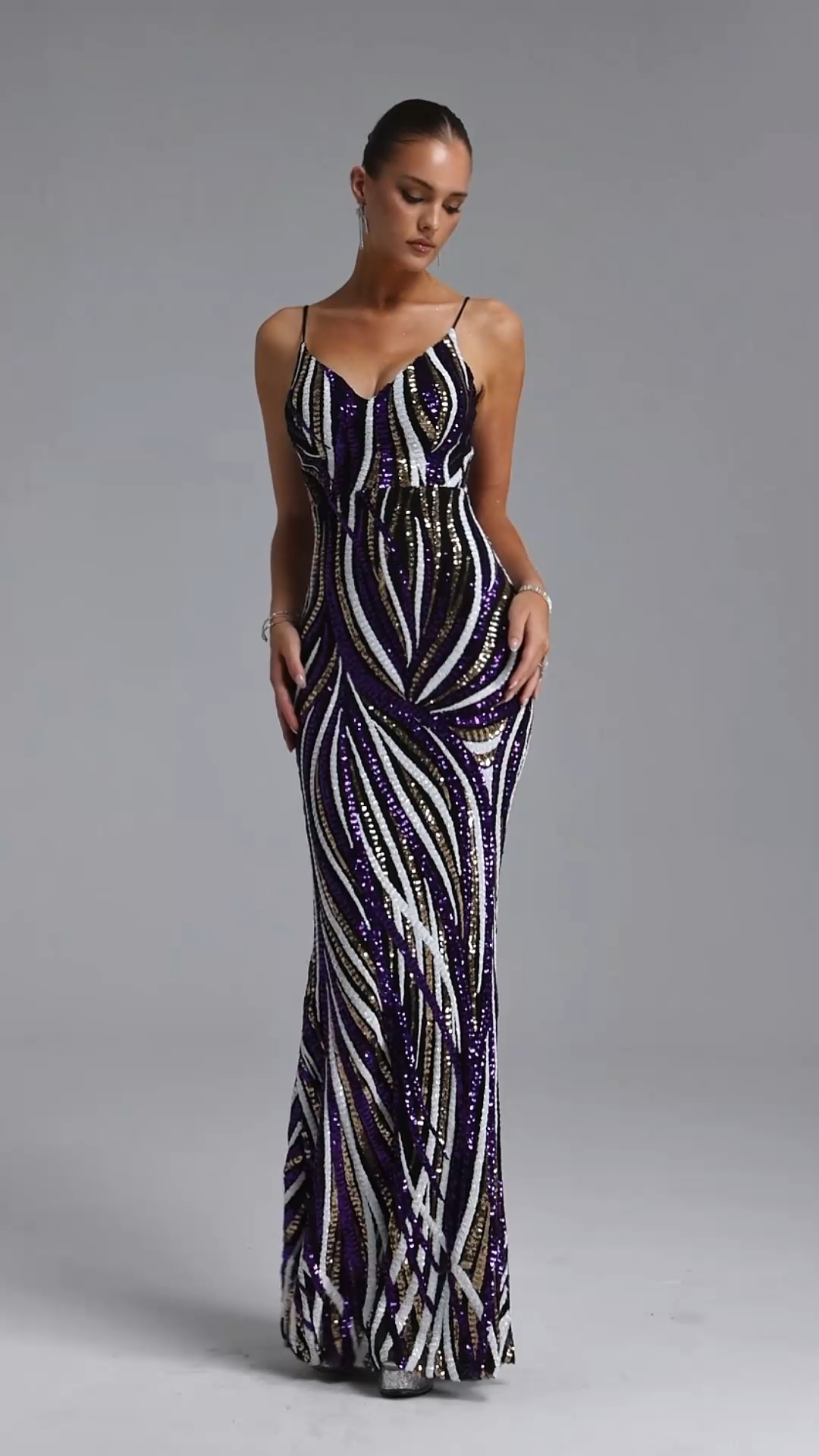 Sarna Chic Contour V Neck Sequin Stripe Maxi Dress