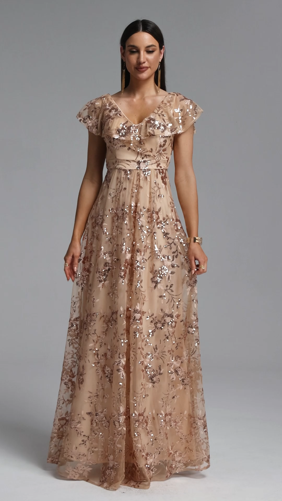 Ona Elegant Flowy V Neck Floral Applique Maxi Dress