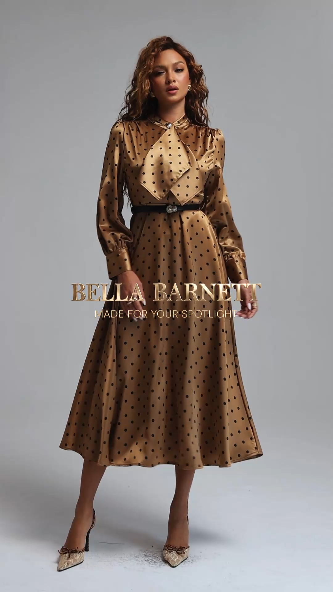 Pelosy Vintage Tailored Long Sleeve Polka Dot Satin Khaki Maxi Dress