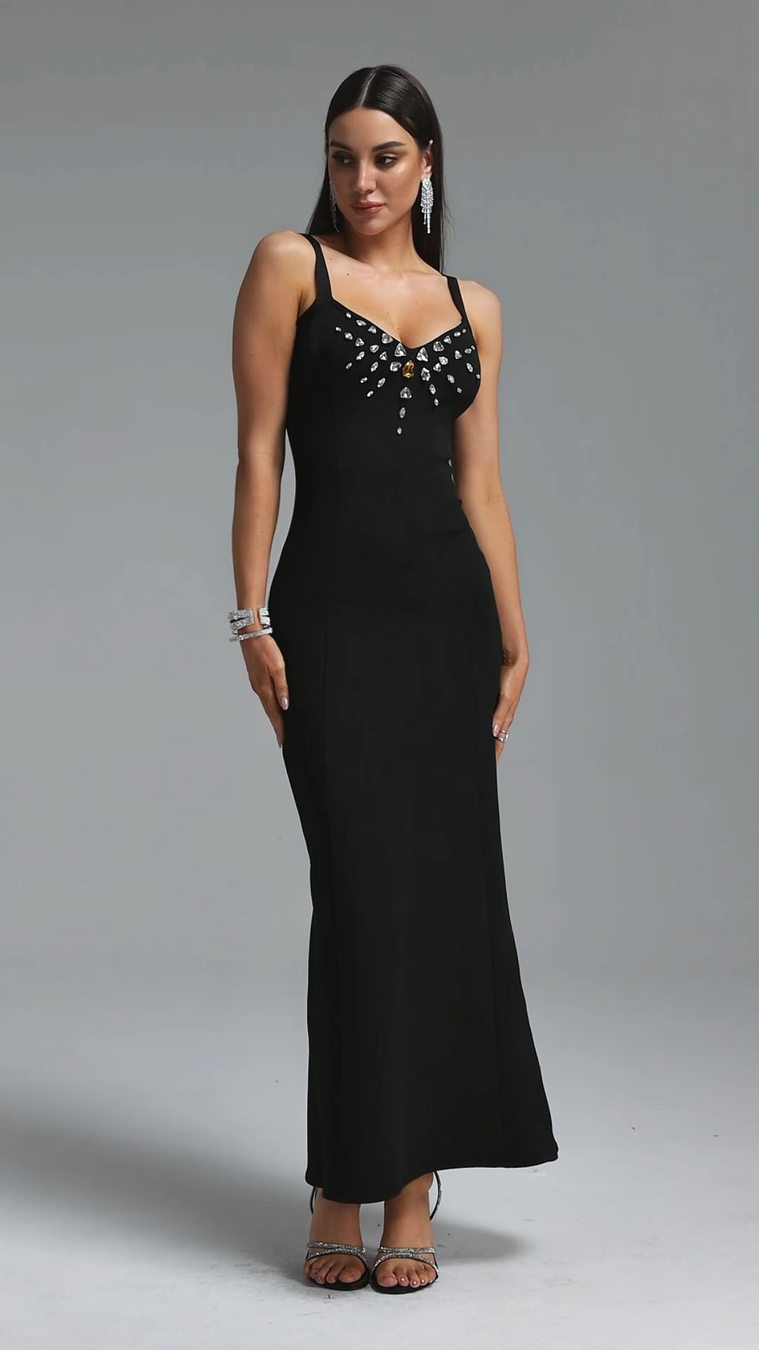 Zaina Chic Contour Spaghetti Strap V Neck Diamond Bandage Black Maxi Dress