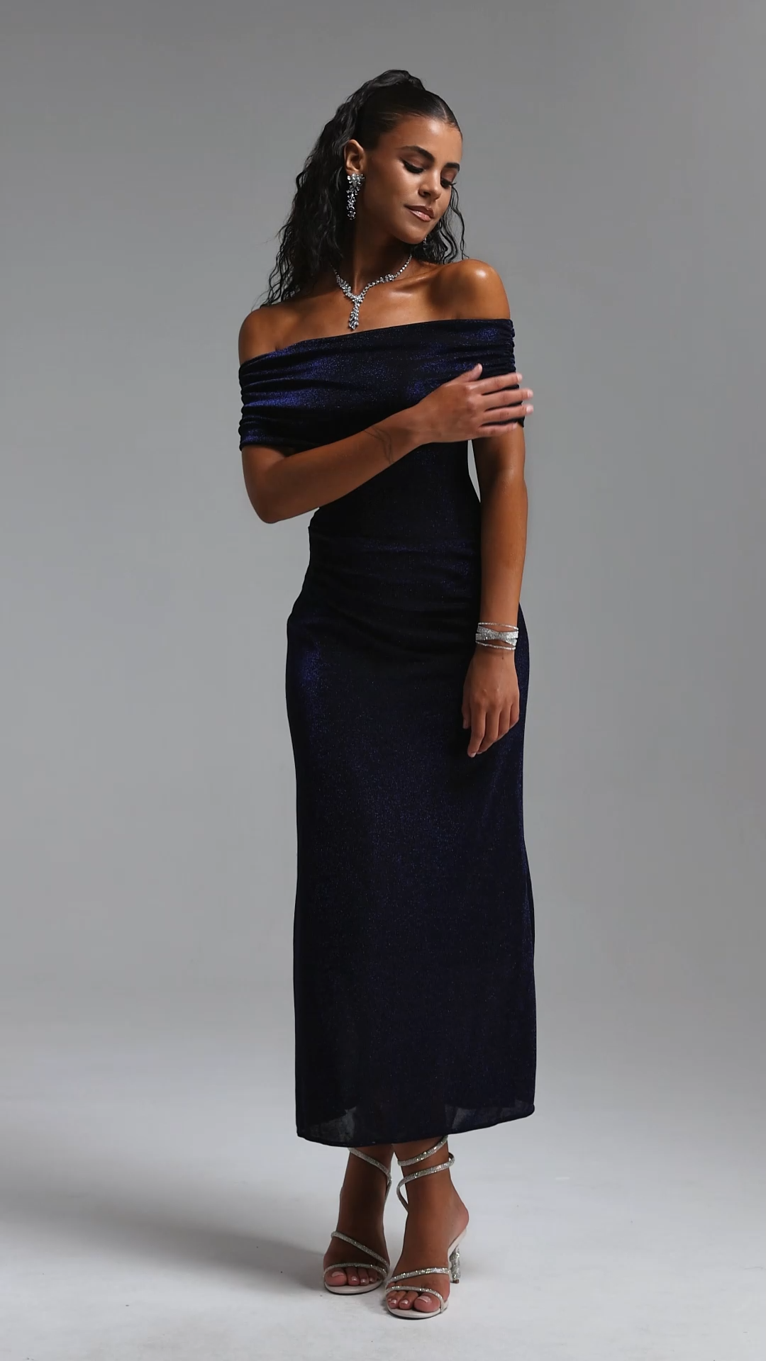Salacia Classic Off Shoulder Draped Ruched Shimmer Knit Maxi Dress