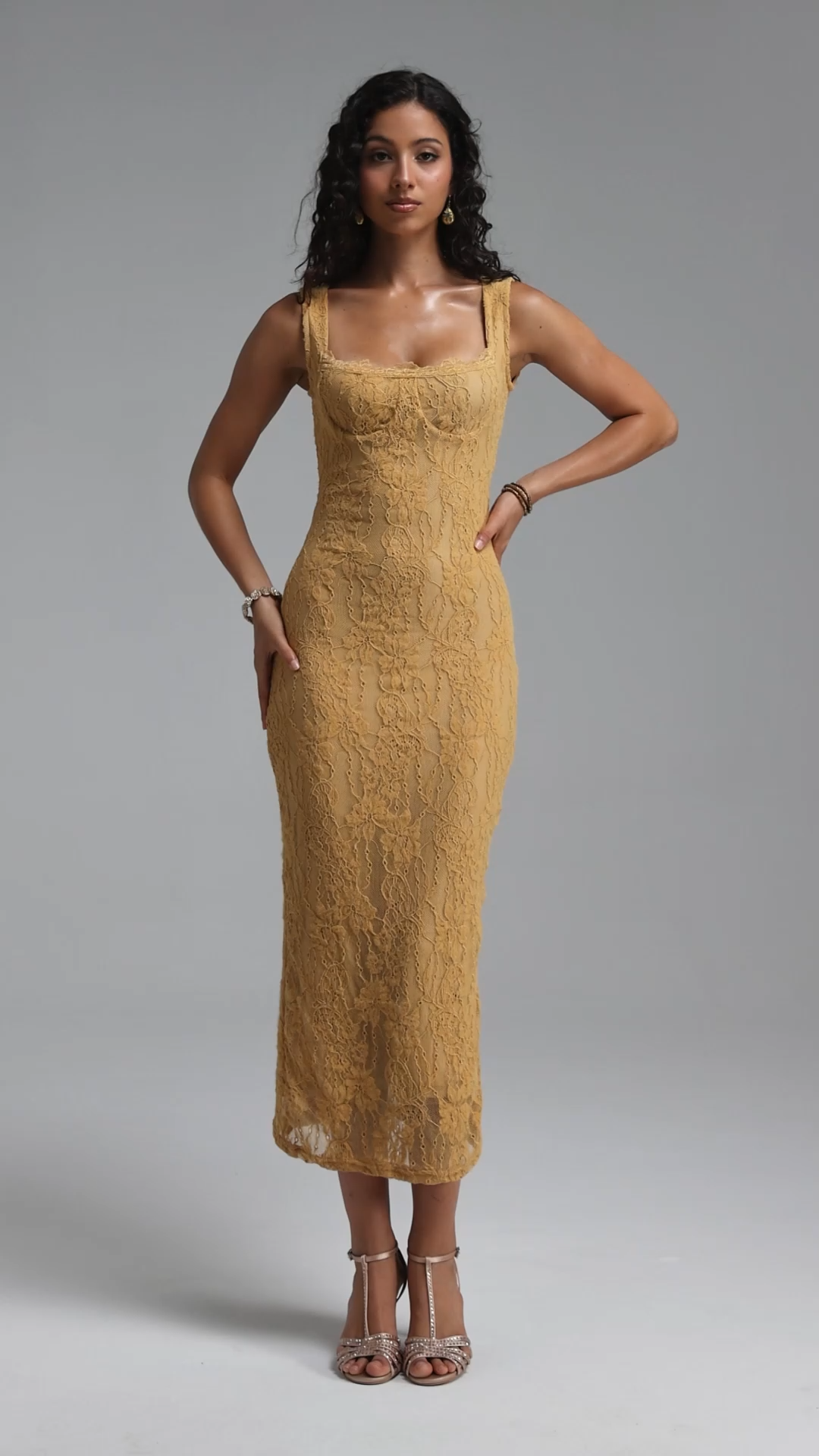 Haven Romantic Contour Sleeveless Floral Lace Knit Maxi Dress