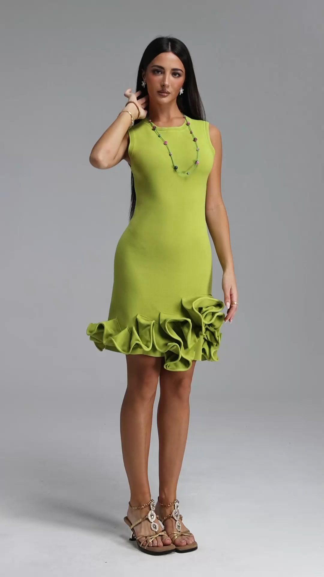 Tesare Resort Contour Round Neck Sleeveless Ruffle Knit Mini Dress