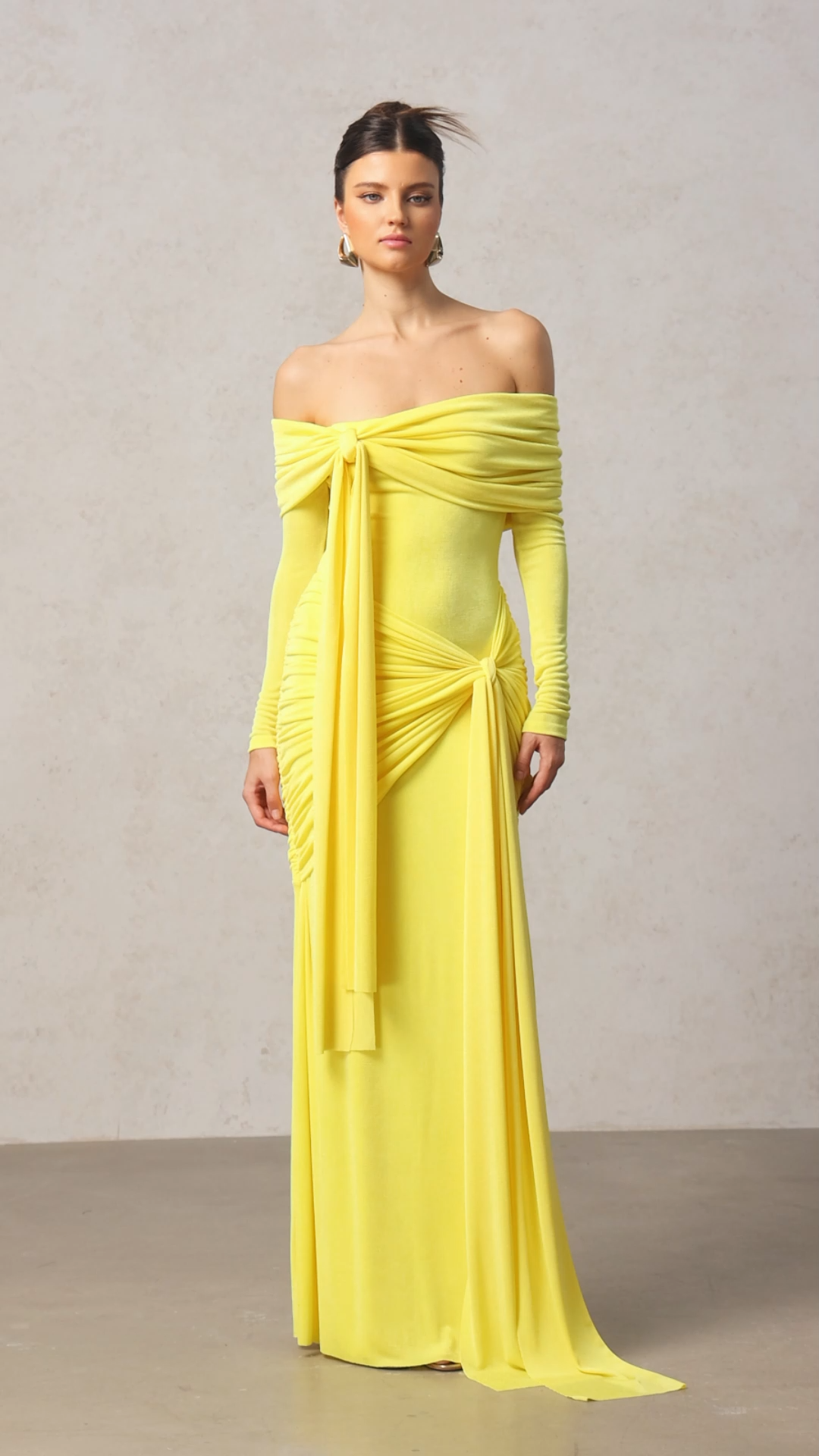 Jillian Off-The-Shoulder Long Sleeves Streamer Folds Yellow Maxi Dress