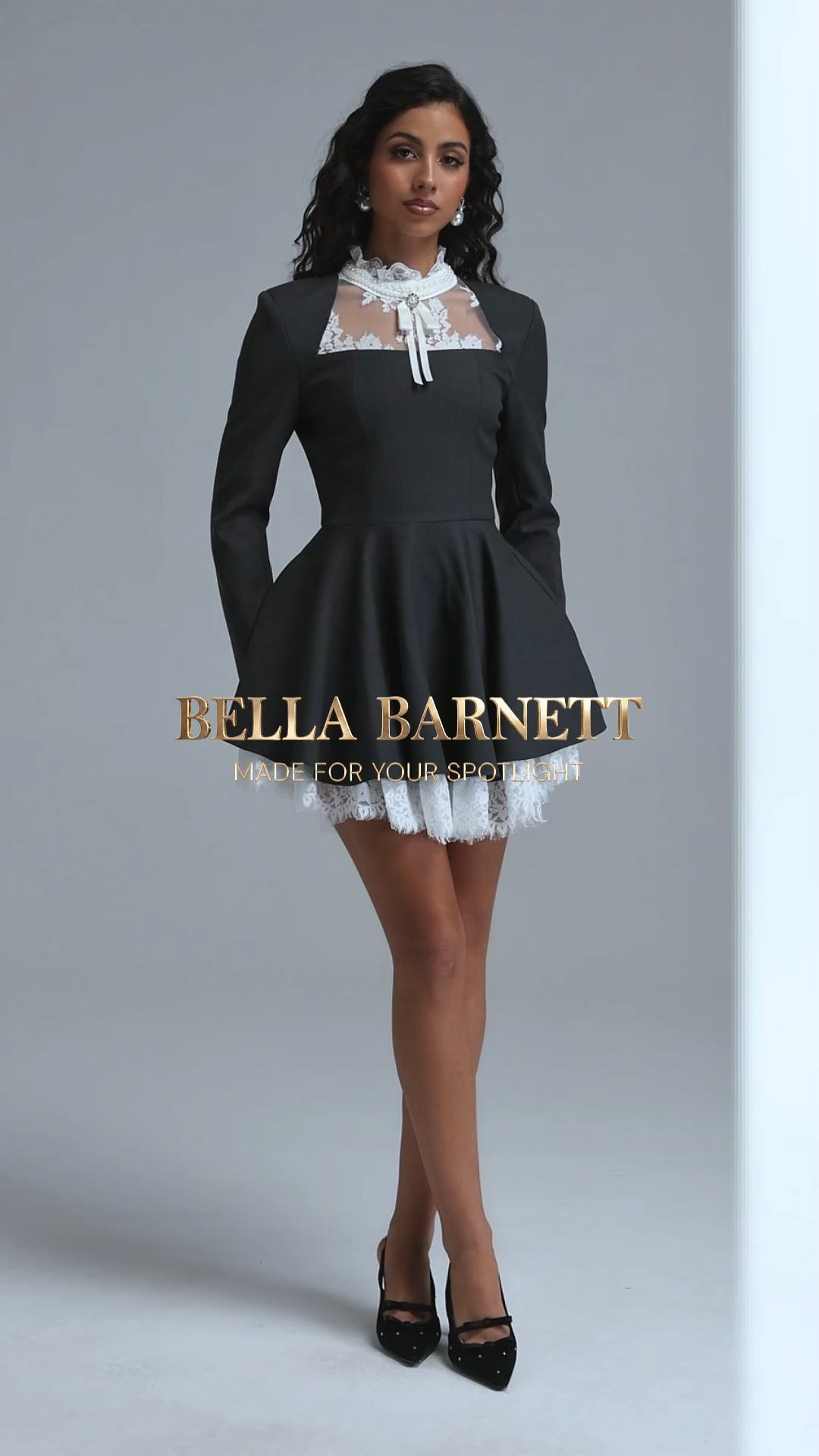Kisa Chic Tailored Long Sleeve Bow Lace Trimmed Woven Mini Dress