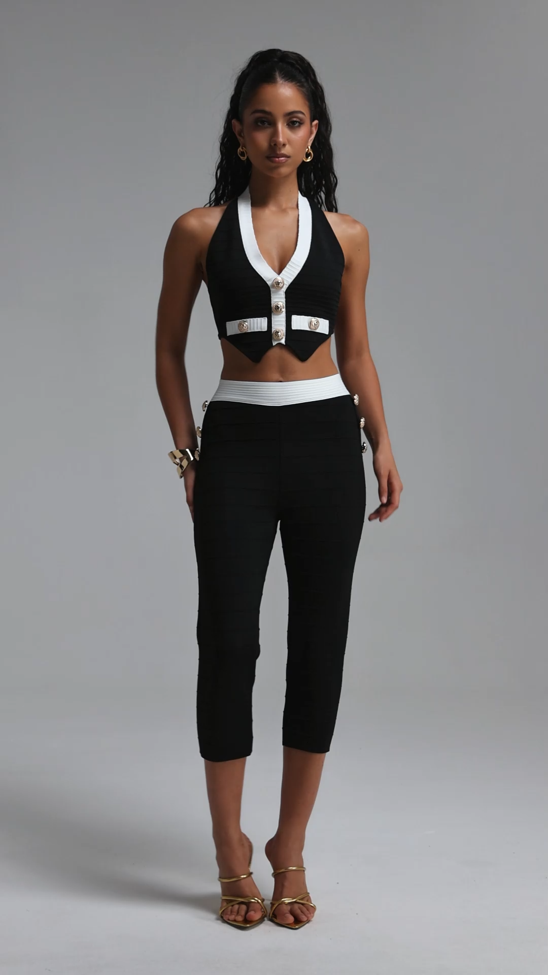 Elio Chic Contour Contrast Stripe Bandage Halter Top Skinny Pants Two Piece Set