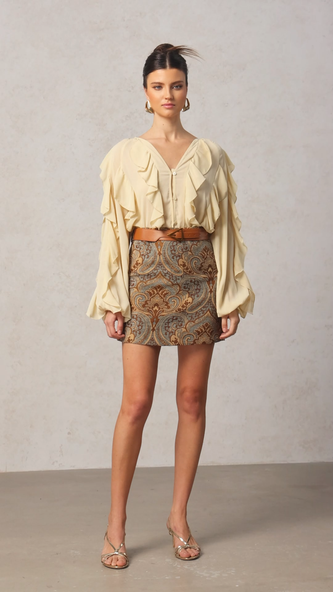 Karina V-Neck Long Sleeves Embroidery Flowers Printed Top And Skirt Two-Piece Set