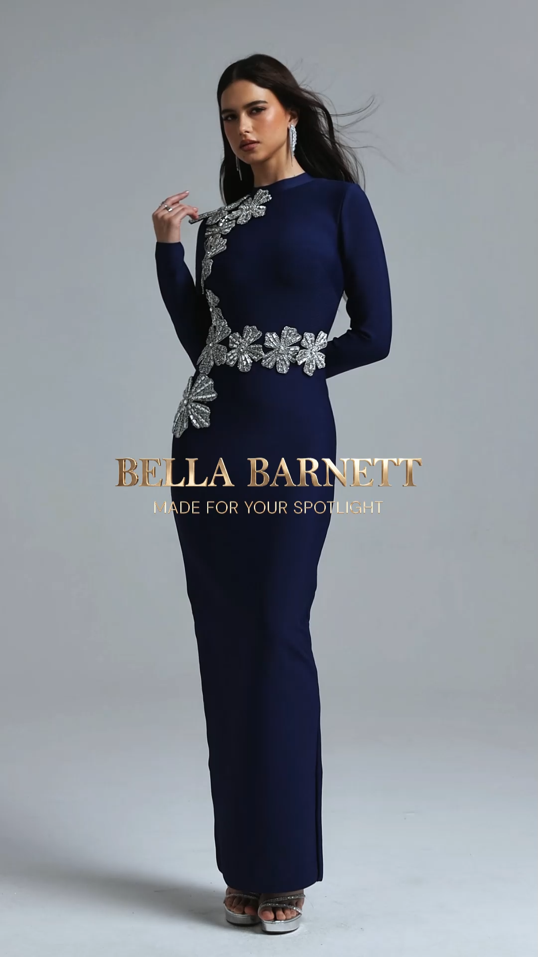 Jayden Fitted Long Sleeve Rhinestone Floral Blue Bandage Maxi Dress
