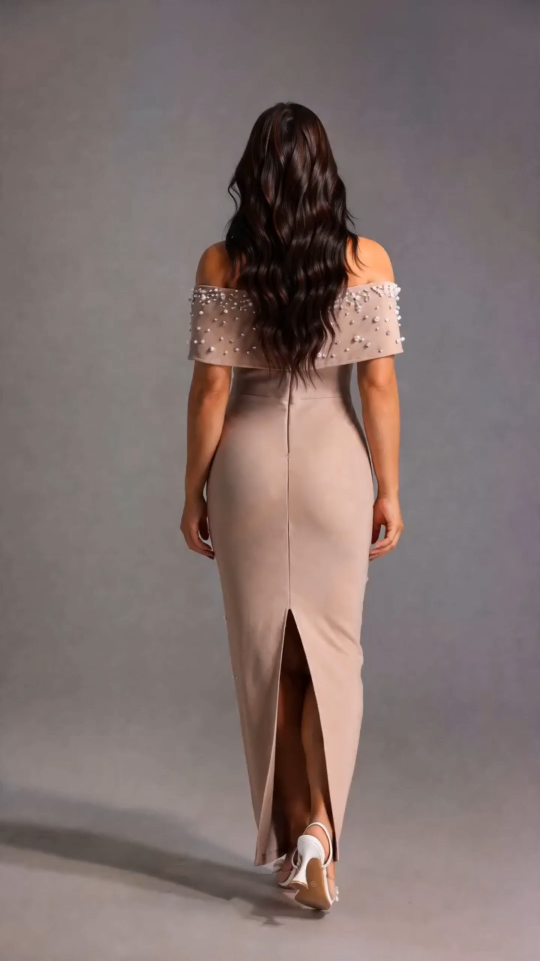 Isme Elegant Contour Off Shoulder Pearl Rhinestone Bandage Maxi Dress