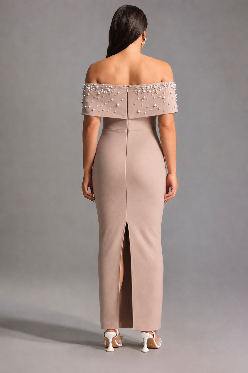 Isme Elegant Contour Off Shoulder Pearl Rhinestone Bandage Maxi Dress