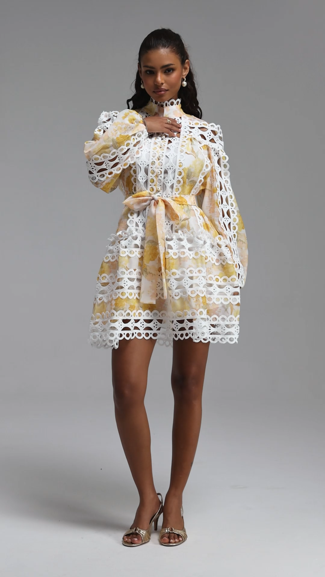Raola Resort Flowy Long Sleeve Cut Out Print Woven Mini Dress