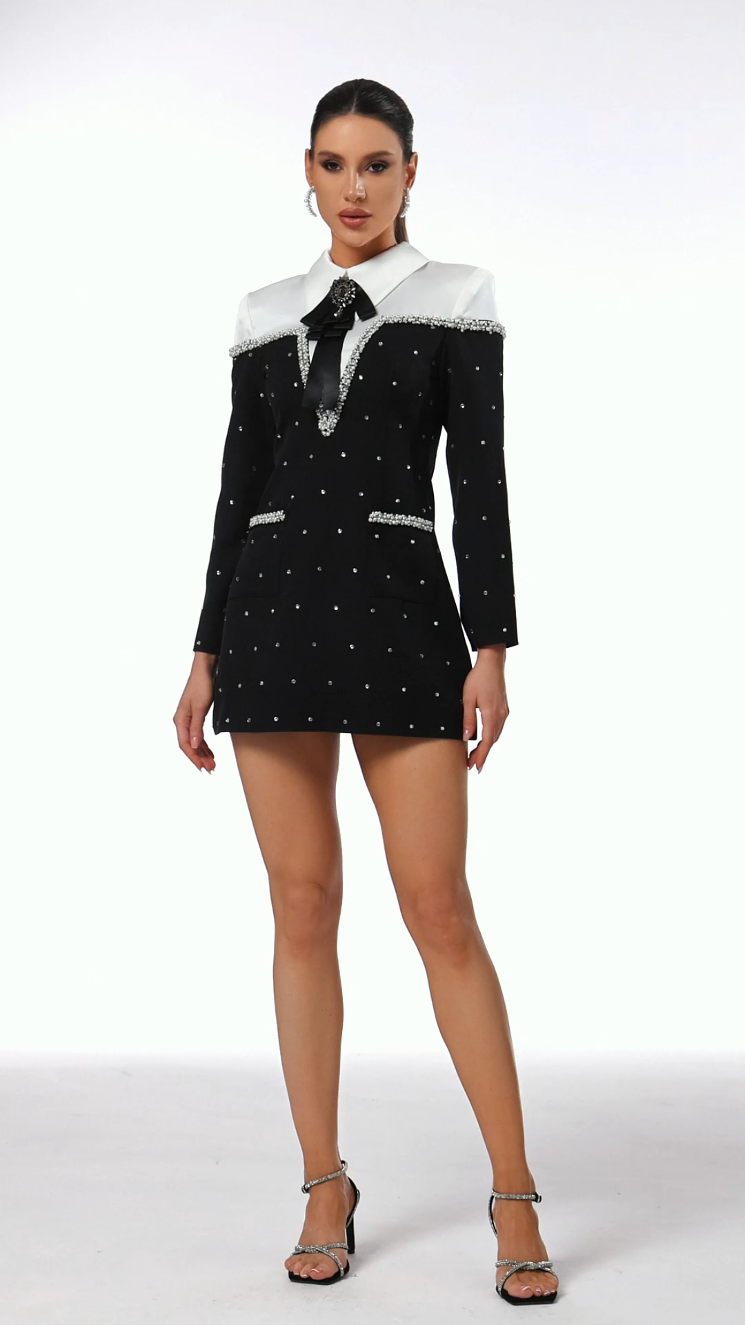 Daona Long Sleeves Diamond Pearl Mini Dress