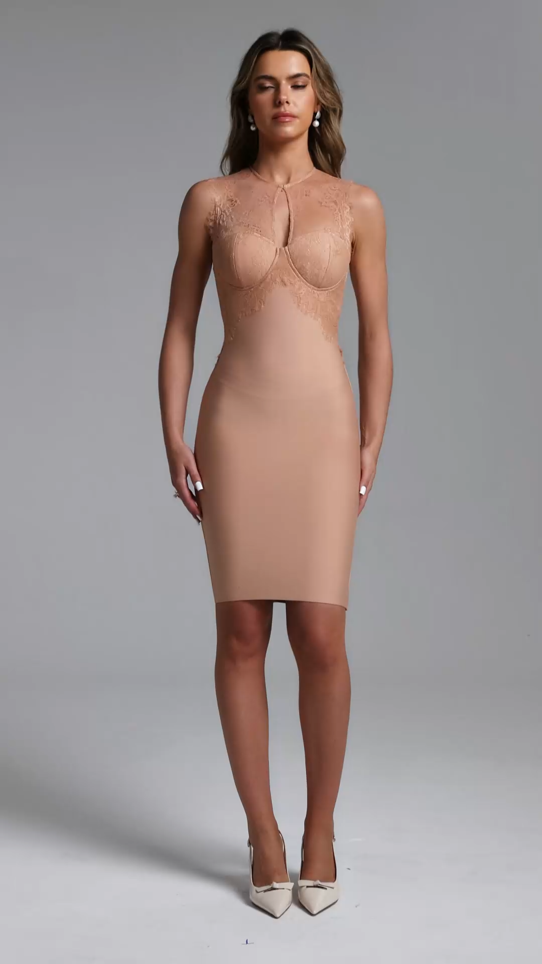 Uiala Romantic Contour Sleeveless Cut Out Lace Bandage Midi Dress