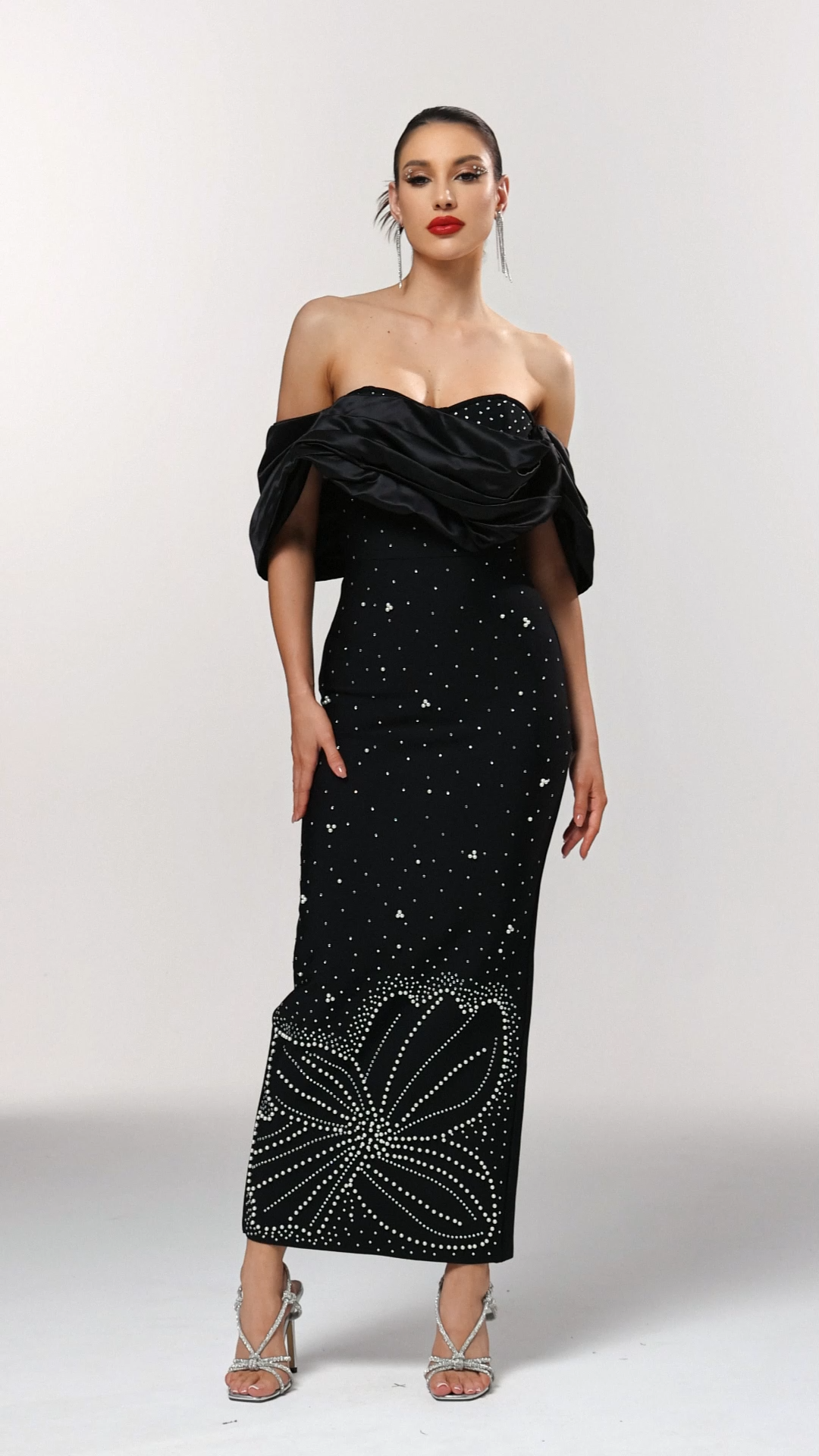 Winify Off Shoulder Rhinestone Bandage Black Maxi Dress