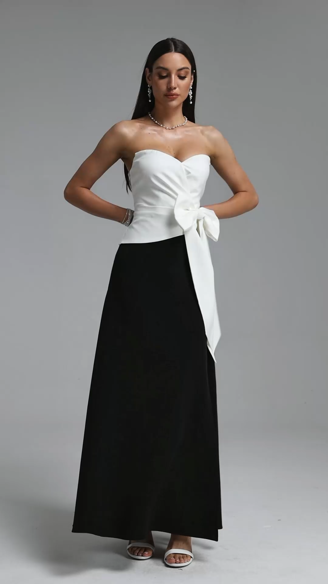 Yuico Elegant Tailored Strapless Pleated Bow Maxi Dress