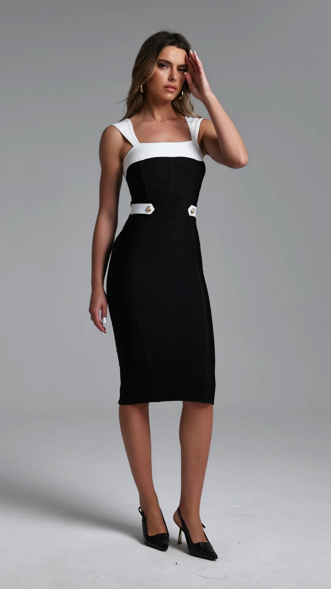 Soloma Classic Contour Sleeveless Contrast Bandage Midi Dress