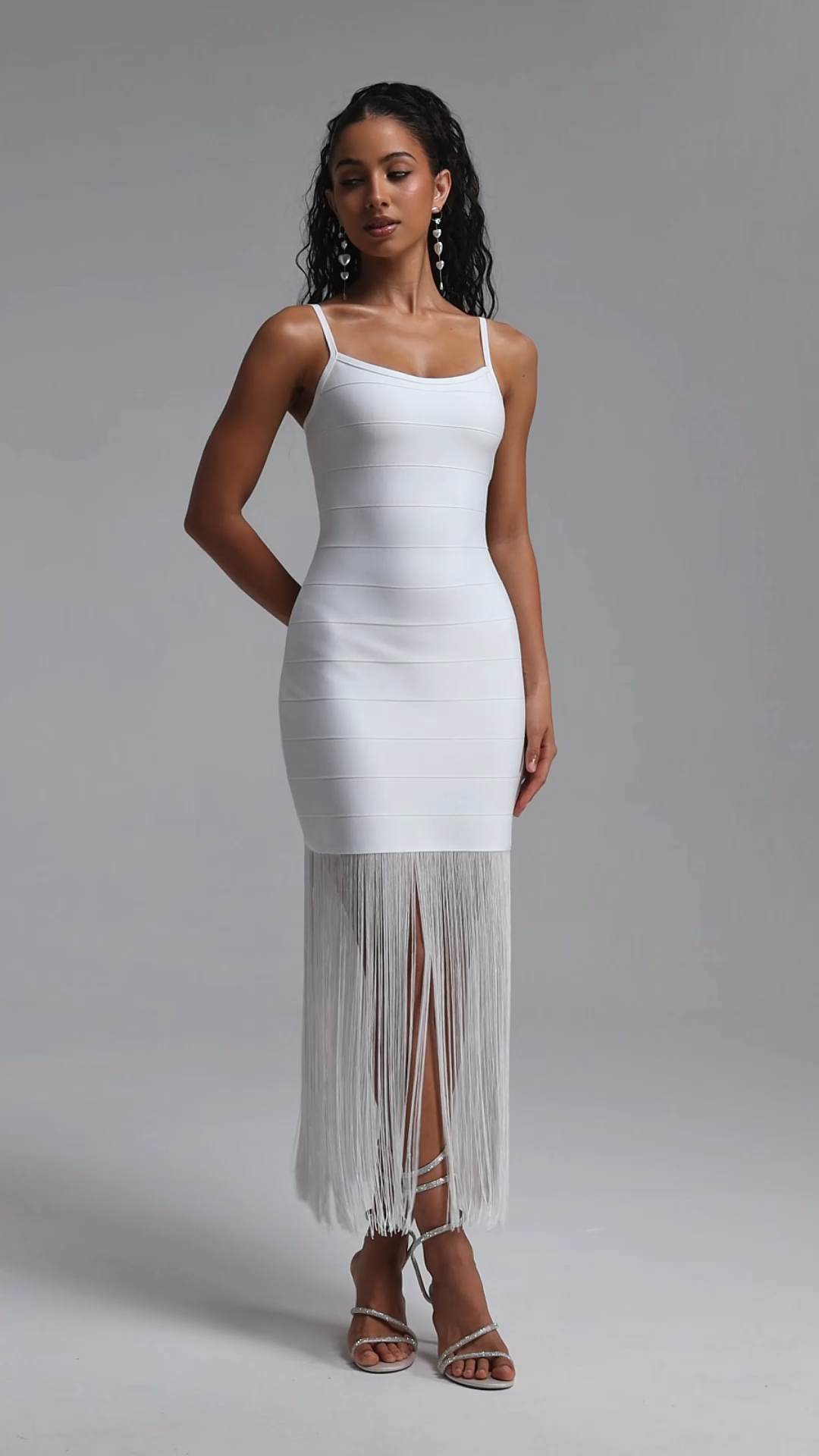 Demere Chic Contour Fringe Bandage White Maxi Dress